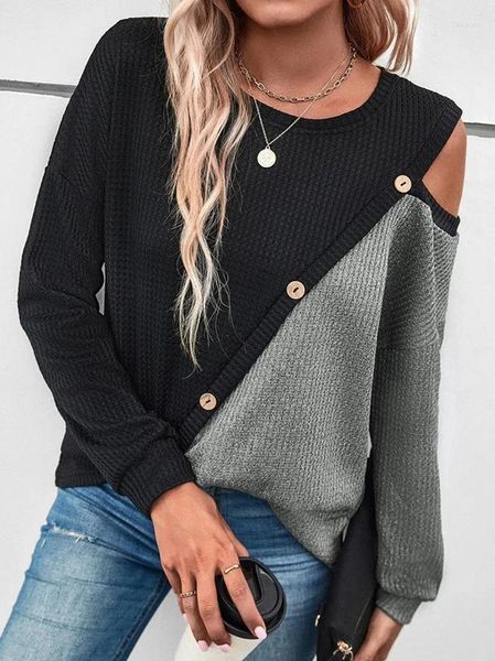 Suéteres de mujer Jersey Patchwork Suéter para mujer Otoño Invierno Ahueca hacia fuera Botón de manga larga Moda Casual Tops Sueltos Negro Elegante