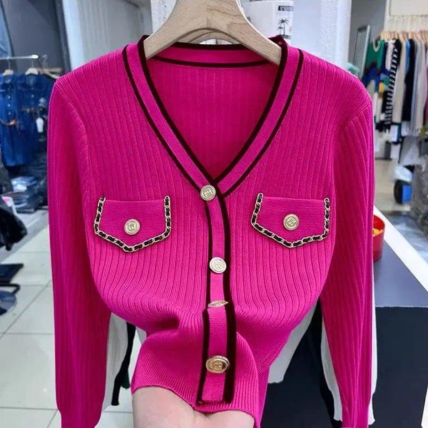 Chandails pour femmes pull couleur unie col en V patchwork bouton pull printemps et automne chic mode mince manches longues tricot bas hauts