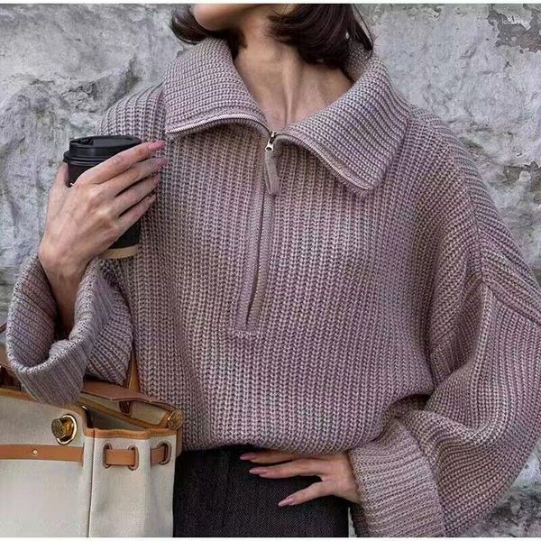 Suéteres De mujer pulóver Color sólido mujer Otoño Invierno cremallera suéter suelto Casual estilo tejido Blusa De Frio femenina