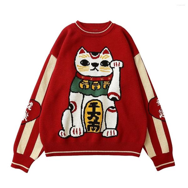 Suéteres de mujer Jersey suéter grueso cálido invierno prendas de punto gato de la suerte señoras jersey de algodón Tops rojo diseño de nicho de alta calidad
