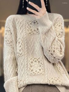 Pulls pour femmes pull en cachemire pur col rond industrie lourde crochet creux tricoté fond de laine lâche et inactif