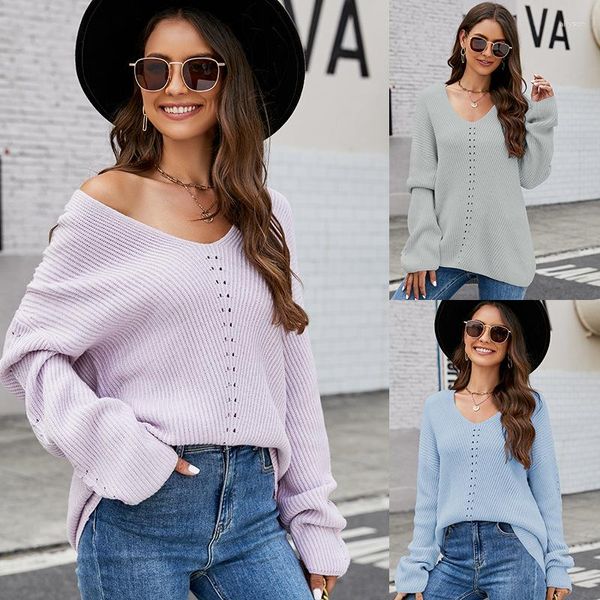 Chandails pour femmes couleur pourpre tricoté pulls amples pull manches longues col en v élégant évider pulls hauts vêtements