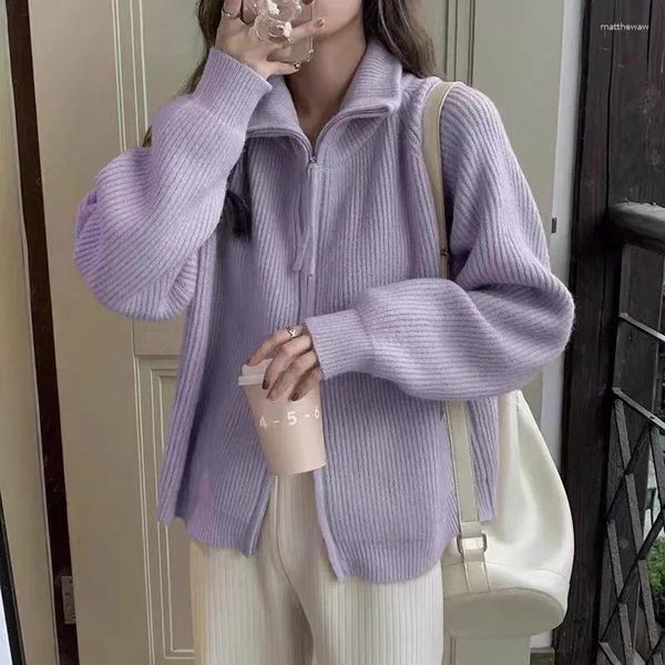 Chandails pour femmes Veste cardigan en tricot violet automne et hiver épaissis de la fermeture à glissière Pull Femme