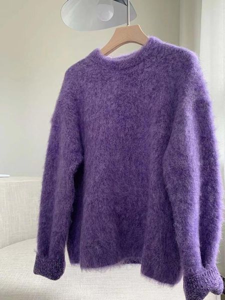 Pull femme raton laveur velours violet pull femme automne/hiver 2023 European Station Chic paresseux cachemire