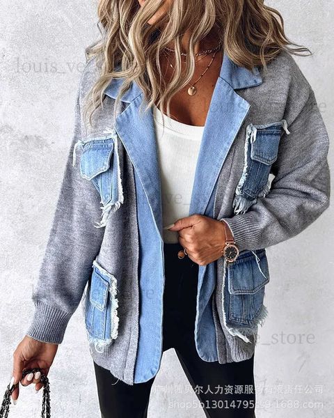 Chandails pour femmes Cardigan à ourlet brut Femmes Pulls Patchwork Col cranté Tricoté Denim Vestes Jumpers Poches Manteaux épais Automne Hiver Outwear T231204