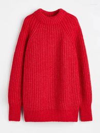 Suéteres de mujer Punto de crochet rojo Acanalado O-cuello Mujeres Jersey grueso Manga larga Suave Cálido Simple Suéter suelto Otoño Invierno Chic Casual