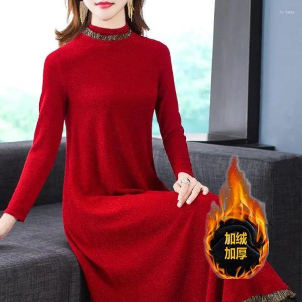 Pulls pour femmes robe rouge 2023 automne hiver femme ajouter des robes de velours lâche grande taille M-5XL d'âge moyen maman une ligne longue Veatidos