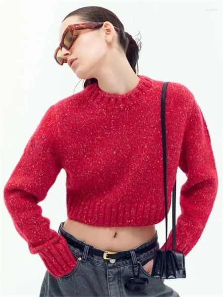 Suéteres de mujer Suéter de punto rojo Logotipo de metal Cuello redondo Manga larga Jersey corto femenino 2023 Otoño Invierno