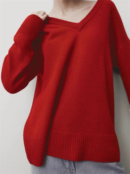 Suéteres de mujer Suéter de punto rojo Mujeres con cuello en V Simple suelta manga larga Top Mujer 2024 Jersey de primavera