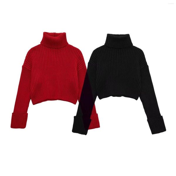 Suéteres para mujer, suéter recortado de cuello alto rojo, Top de punto de manga larga para mujer, Tops de otoño e invierno, jersey con cuello alto