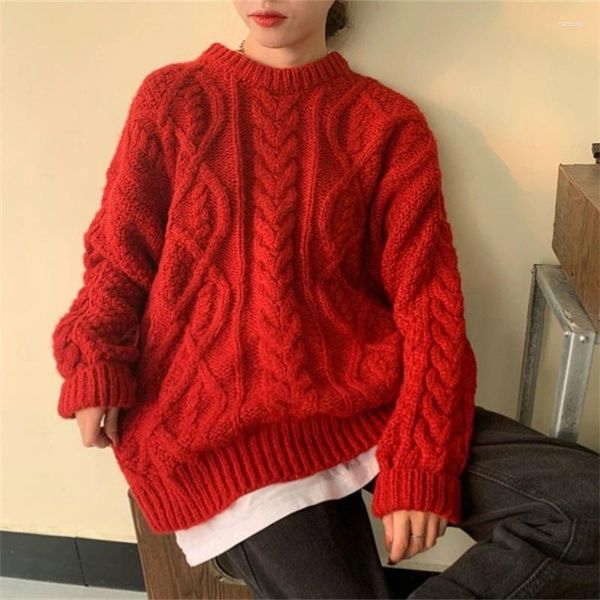 Pulls pour femmes Pull d'hiver rouge Vintage chaud tricoté O cou pull dames élégant basique lâche doux vêtements femme mode tricots