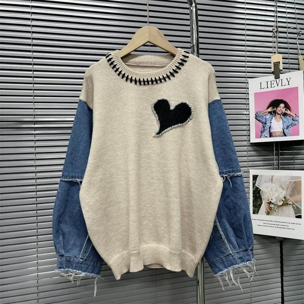 Pulls pour femmes rétro Denim épissé tricot femmes pull automne hiver lâche paresseux femme pull pull hauts