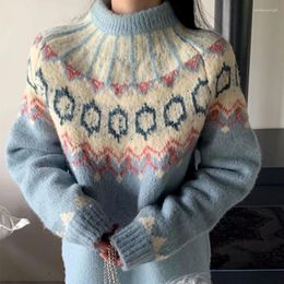 Pulls pour femmes rétro jacquard boho motif géométrique pull en vrac chaud hiver pull jeune dame décontracté surdimensionné jersey pull coréen
