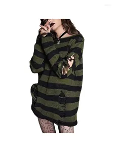 Pulls pour femmes Retro Mall Gothic Grunge Loose Sweater Dress Stripe Print Ripped O Neck Pulls à manches longues Dark Academia E-girl Jumpers