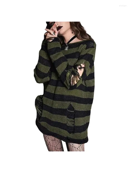 Pulls pour femmes Retro Mall Gothic Grunge Loose Sweater Dress Stripe Print Ripped O Neck Pulls à manches longues Dark Academia E-girl Jumpers