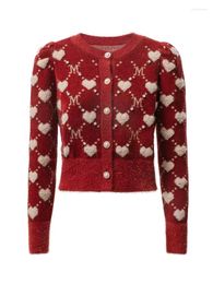 Pulls pour femmes Rétro Rouge Amour Argyle Jacquard Diamants Tricoté Cardigan Pull Femmes Automne Manches Longues Tricots Crop Top Jumper