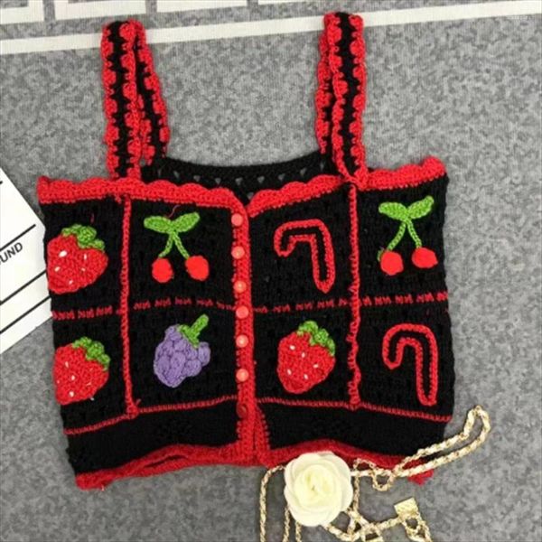 Pulls pour femmes rétro doux fruit lettre motif noir et rouge couleur tricot court fronde été mince gilet