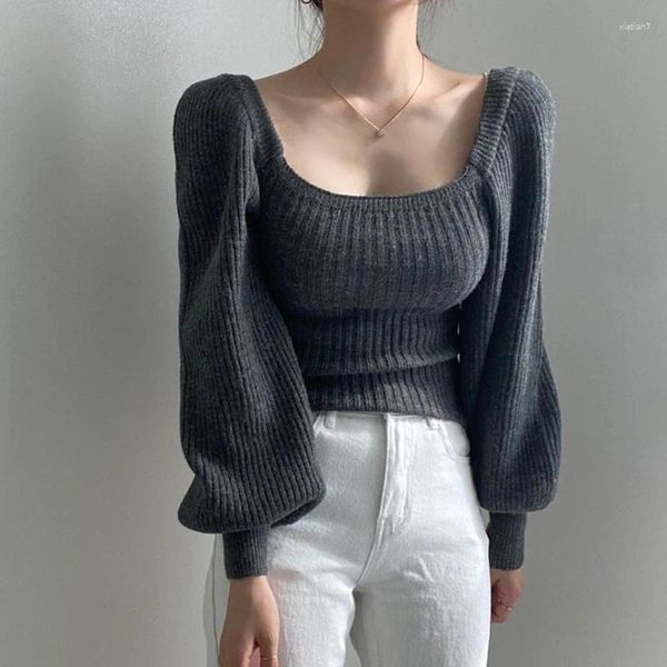 Suéteres de mujer temperamento Retro cuello cuadrado manga abombada Color sólido tejido Top Otoño e Invierno 2023 suéter corto