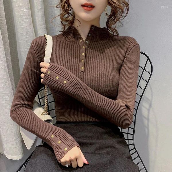 Pulls aux femmes rimocy d'automne hiver basique Pulle en tricot de base Femme Chic Metal Buttons Long Sleeve Pullover Femme All Match Slim Fit Jumper