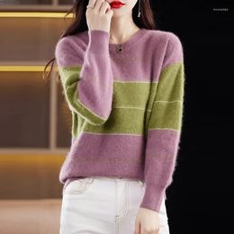 Pulls pour femmes Rongni 2023 Automne Hiver Vison Cachemire Vêtements Col rond Pull Couleur Bloc Pull tricoté Jumper BR-088