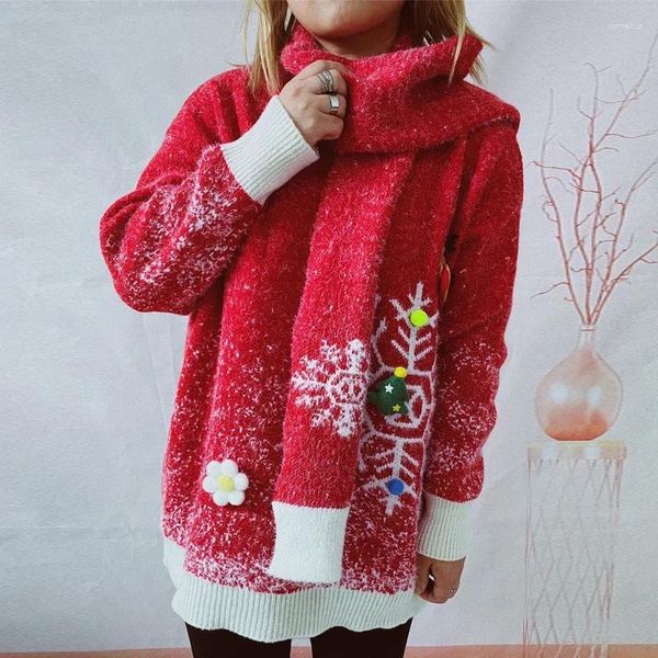 Suéteres de mujer Cuello redondo Manga larga Copo de nieve Temática navideña Decoración tridimensional Bufanda para mujer Conjunto de dos piezas Moda