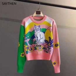 Pulls pour femmes Saythen 2024 Femmes Automne Hiver Tricots O-Cou Forêt Fleur Dessin Animé Mignon Chat Patch Couleur Contraste Pull Pull Pull