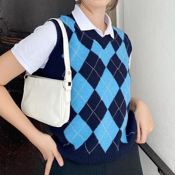 Pull Femme SAISONS Vintage Argyle Plaid Tricoté École Gilet Automne Preppy Style Col V Sans Manches Tricot Débardeurs Bleu ASSW81842