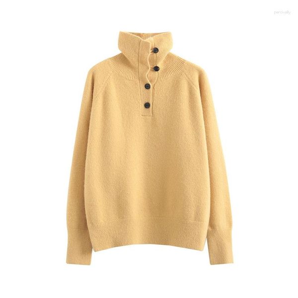 Pulls pour femmes Sense Col haut Bouton Pull Automne Hiver 2023 Couleur unie Frais Lâche Top En Tricot Col Roulé Pour Les Femmes