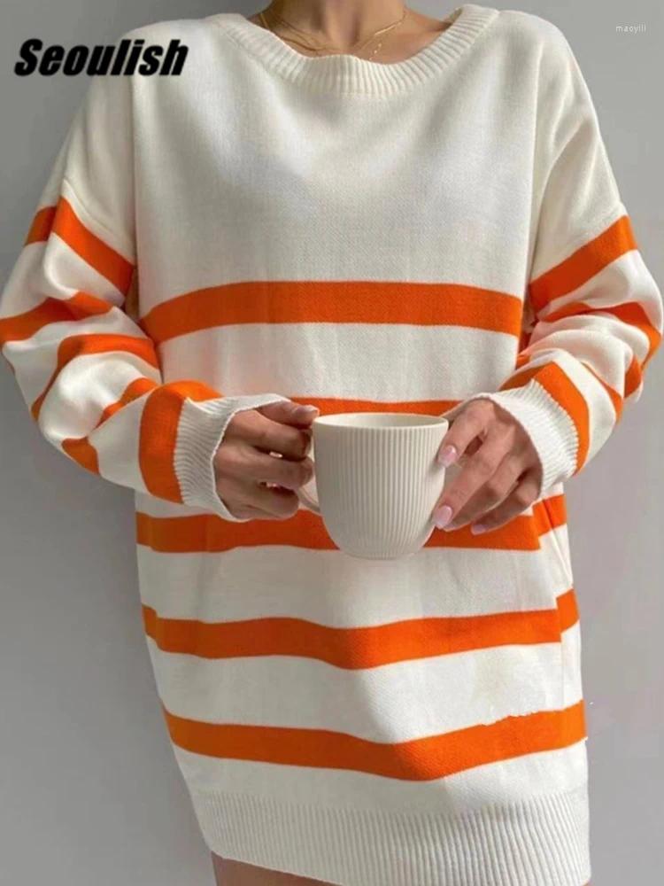 Kvinnors tröjor Seoulish Classic Striped Women Casual Loose Sweater 2024 Autumn Winter O-Neck Långärmad överdimensionerad stickad kvinna