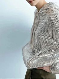 Pulls pour femmes Paillettes tricotées pour femmes 2024 Automne Hiver Pull à manches longues Sweat à capuche métallique Brillant Élégant Femme All-Match Manteaux