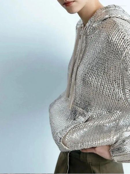 Pulls pour femmes Paillettes tricotées pour femmes 2023 Automne Hiver Pull à manches longues Sweat à capuche métallique Brillant Élégant Femme All-Match Manteaux