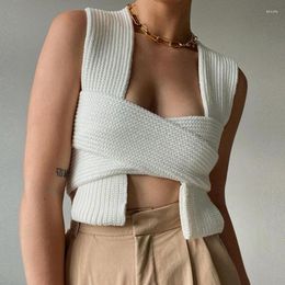 Pulls pour femmes Sexy 2022 automne hiver tricoté blanc Crop hauts sans manches pulls femme Bandage pull solide Chic mode haut femmes