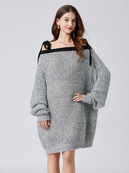 Suéteres de mujer Sexy Club fuera del hombro Jersey largo Jumper estilo perezoso pajarita correa de espagueti Mohair brillante tejido suave grueso suelto