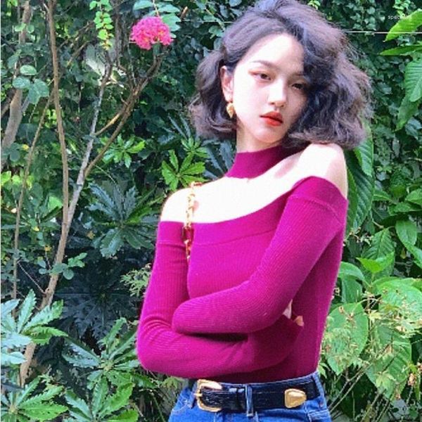 Suéteres de mujer Sexy Halter Sweater Slash Neck Off Shoulder Pullovers Primavera Otoño Mujeres Tops Punto Estilo de Corea Azul Rosa Blanco Negro