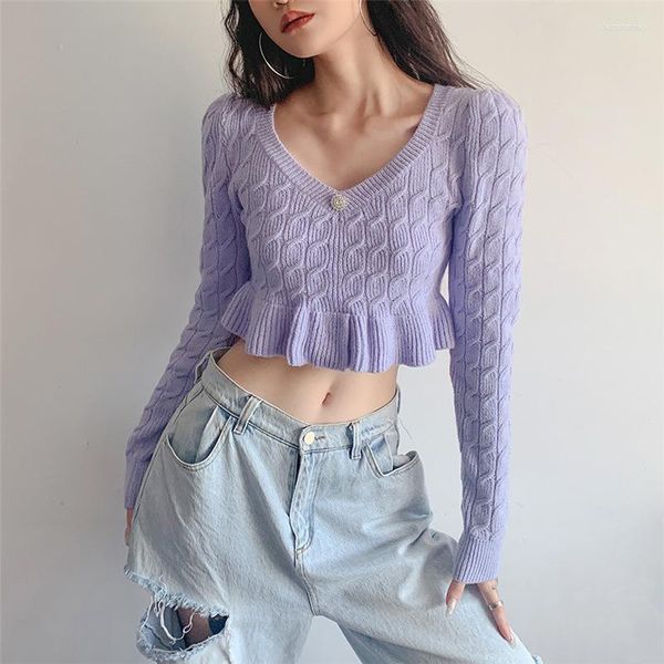 Suéteres de mujer Sexy de punto Mujeres 2023 Otoño Moda de manga larga Twist Slim Deep V Cuello Jerseys Lindo Cultivo Púrpura