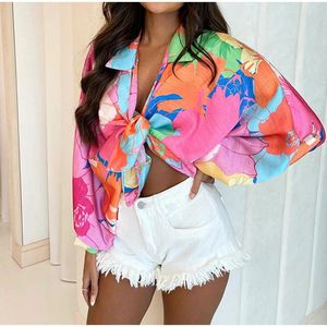 Dames Truien Sexy Gedrukt Oversized Shirt Lace Up Lange Vleermuismouwen Revers Mode Vest Vrouwelijke Top 2023 Lente Straat Shirts