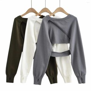 Pulls pour femmes Sexy Femmes Pull Asymétrie Super Court Femme Solide Tricot Porter Creux Out Split Puff Manches Filles Tops Lâche Pull