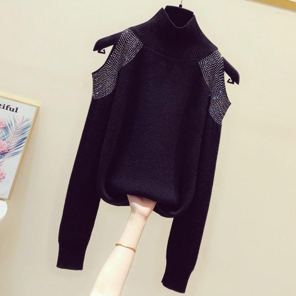 Suéteres de mujer Shine Beaded Knitted Women Sweater Pullovers Otoño fuera del hombro Sólido de manga larga suelta Lady Pulls Outwear Tops