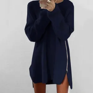 Pulls pour femmes Fermeture à glissière latérale Femmes Robe Automne Couleur Solide Manches longues Fente Pull Lâche Casual Élégant Mini Robe