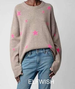 Suéteres de mujer suéter de punto de Cachemira suave cuello redondo estrellas rosadas Jacquard hombro caído jerseys de manga larga de alta calidad