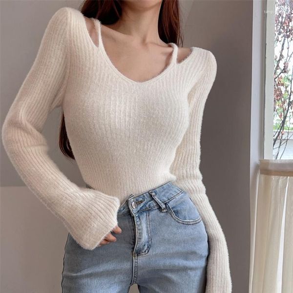 Pulls pour femmes Doux Blanc Sexy Hors Épaule Pull Femmes Pull À Manches Longues Tops Pull Femme 2023 Automne Et Hiver Mode Tricoté