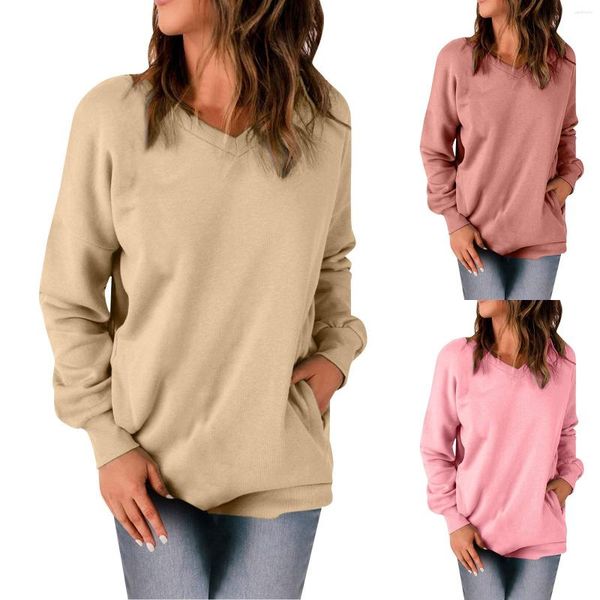 Chandails pour femmes, couleur unie, mode décontractée, poche, col rond, pull à manches longues, tenue junior, sweat-shirt ajusté avec fermeture éclair