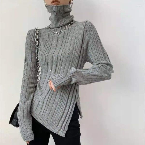 Suéteres de mujer Suéter de hilo de tornillo de cuello alto de color sólido Otoño e invierno Slim Manga larga Patchwork Asimétrico Moda Tops de punto