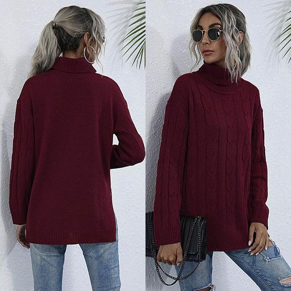 Suéteres de mujer, suéter de Base de punto de Color sólido, suéteres elegantes de cuello alto de vino tinto para mujer, ropa de calle de tendencia larga holgada de otoño