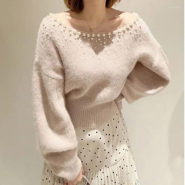 Suéteres para mujer, suéteres lisos con cuello redondo y manga larga de murciélago para mujer, Tops elegantes sueltos con forma de perla, Otoño Invierno 2023, mujeres japonesas sin tirantes