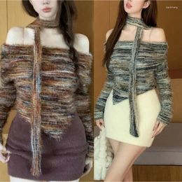 Suéteres femininos sofisticados com ombro de fora, manga comprida, pulôver de malha
