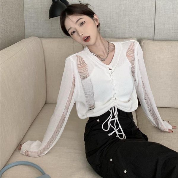 Pulls pour femmes Printemps 2023 Automne Harajuku Coréen Mode Tops Personnalité Vintage Doux Creux Sexy Strappy Bow Pull Tricoté Femmes