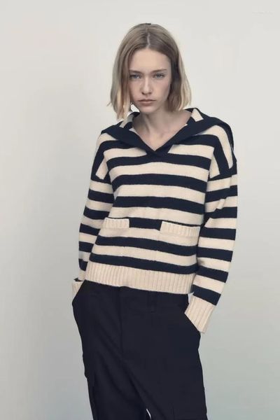 Pulls pour femmes printemps et automne noir blanc rayé col en v à manches longues pull en tricot ample mode Style britannique