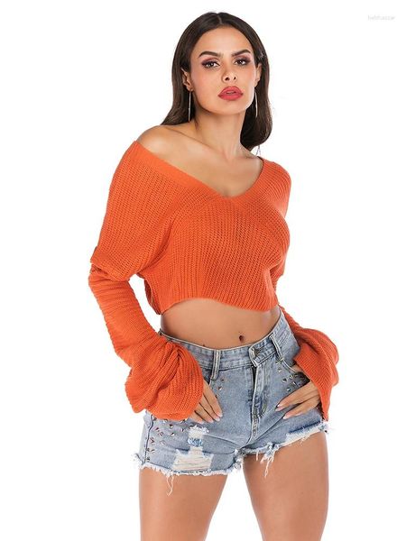 Suéteres de mujer moda primavera y otoño Slim Fit elástico cuello pico Top Sexy Simple manga larga naranja picante chica pulóver
