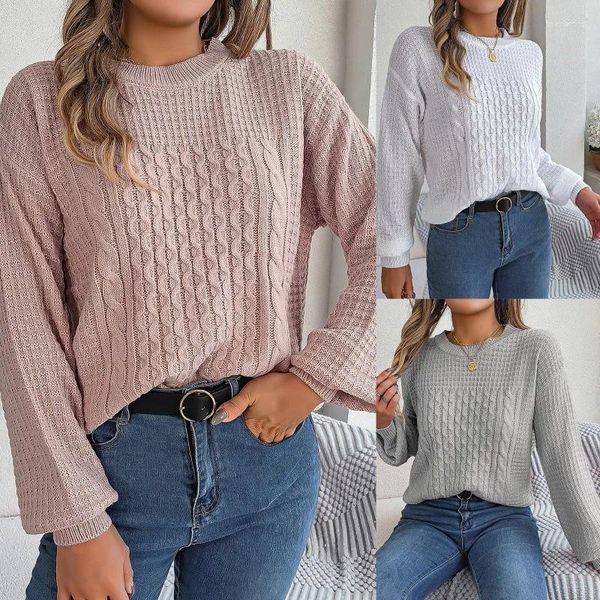 Suéteres De Mujer Primavera Y Otoño Jersey Suelto De Cuello Redondo Suéter De Hilo De Tornillo Sólido Fruncido De Moda Tops Formales Informales Elegantes